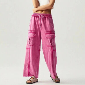 Hot Pink Casual Women's Vacation Knit Pocket Wide Leg Pants